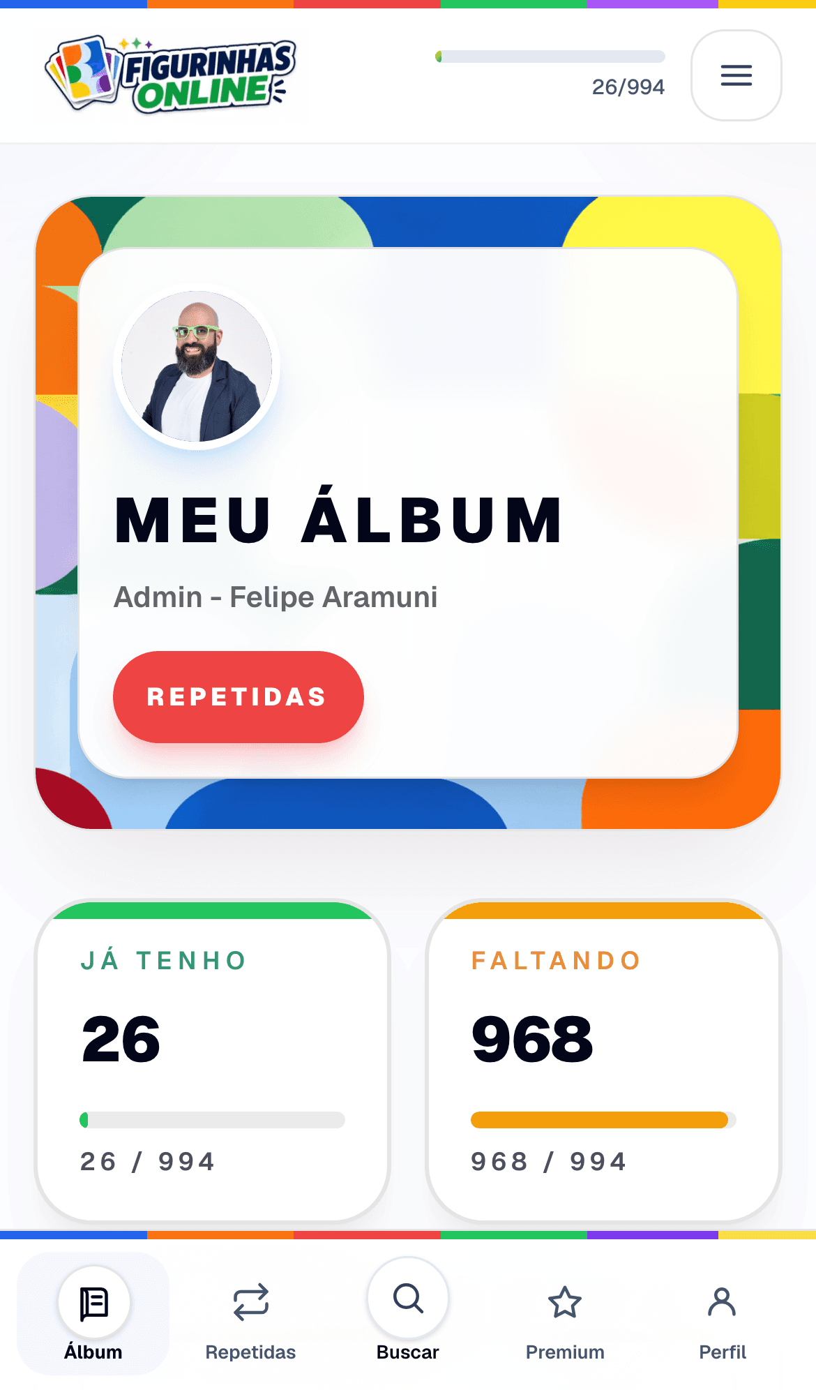 Preview mobile real do álbum do Figurinhas Online