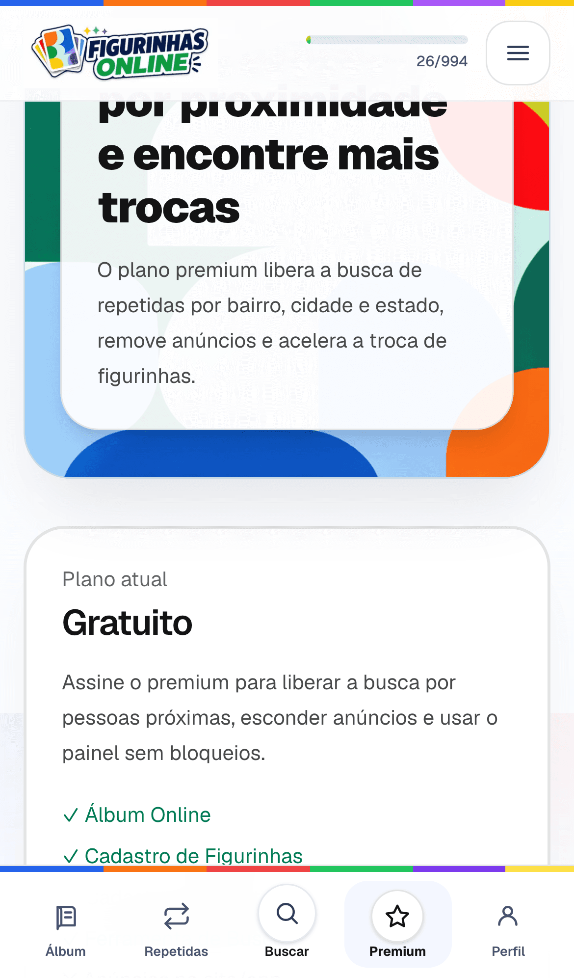 Tela mobile da página premium do Figurinhas Online